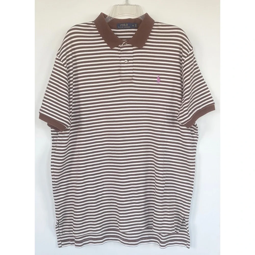 Polo Ralph Lauren Men XL Brown White Striped Short Sleeve Polo Shirt Purple Pony